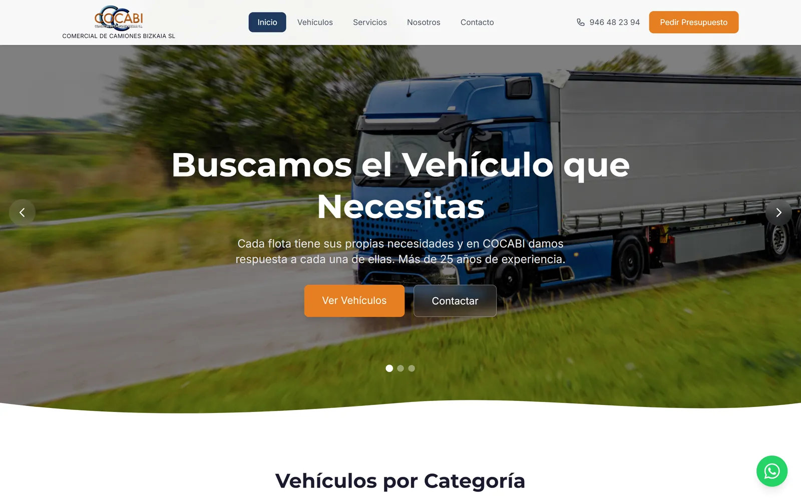 Vista de escritorio de la web de Cocabi, con el stock de vehículos industriales de ocasión