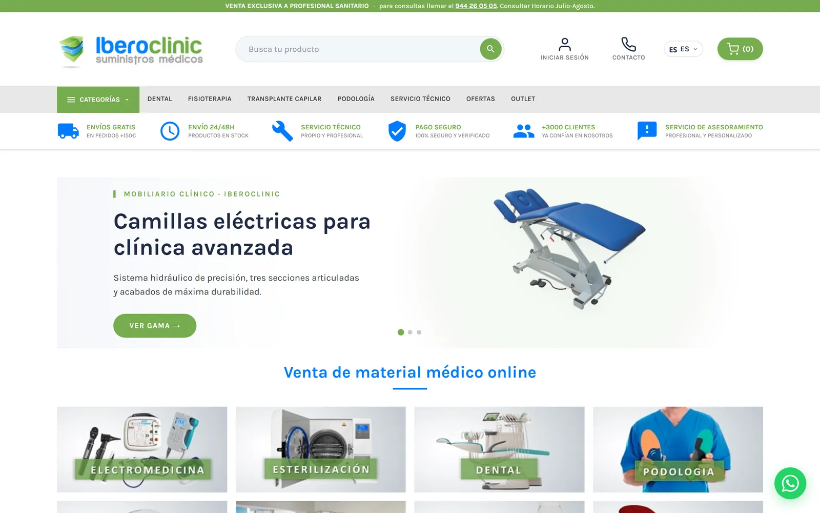 Vista de escritorio de la tienda online de Iberoclinic, material médico y productos sanitarios